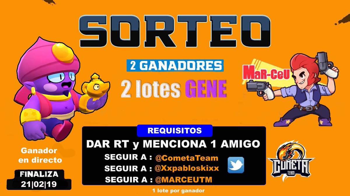 🎁 ¡SORTEOOO #BrawlStars ! 🎁

💲¡¡2 lotes GENE!!
🙅¡¡2 GANADORES!!

REQUISITOS👇👇
✔️Seguir a <a href="/CometaTeam/">Cometa</a>
✔️Seguir a <a href="/XxpabloskixX/">XxpabloskixX</a> 
✔️ Seguir a <a href="/MaRCeUTM/">MaRCeU™️🗯</a>
✔️ Dar RT al tweet y mencionar 1 amigo

Ganadores del ultimo sorteo 👇
youtu.be/RQyqFHi052I
El dia 21/02/19 en directo