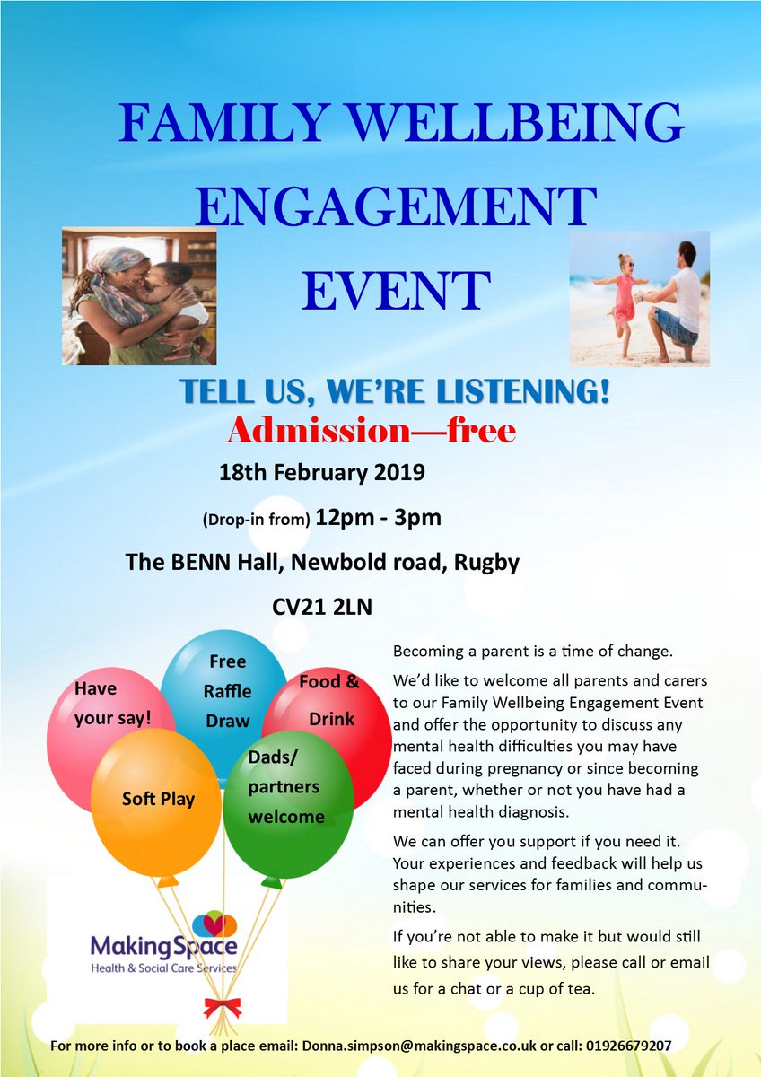 WarksFIS's tweet photo. Making Space are hosting Family Wellbeing Engagement Event's to offer the opportunity to discuss any mental health difficulties you may have faced during pregnancy or since becoming a parent.

📧 For more info please email donna.simpson@makingspace.co.uk 📧 https://t.co/S3JwlQu8UK