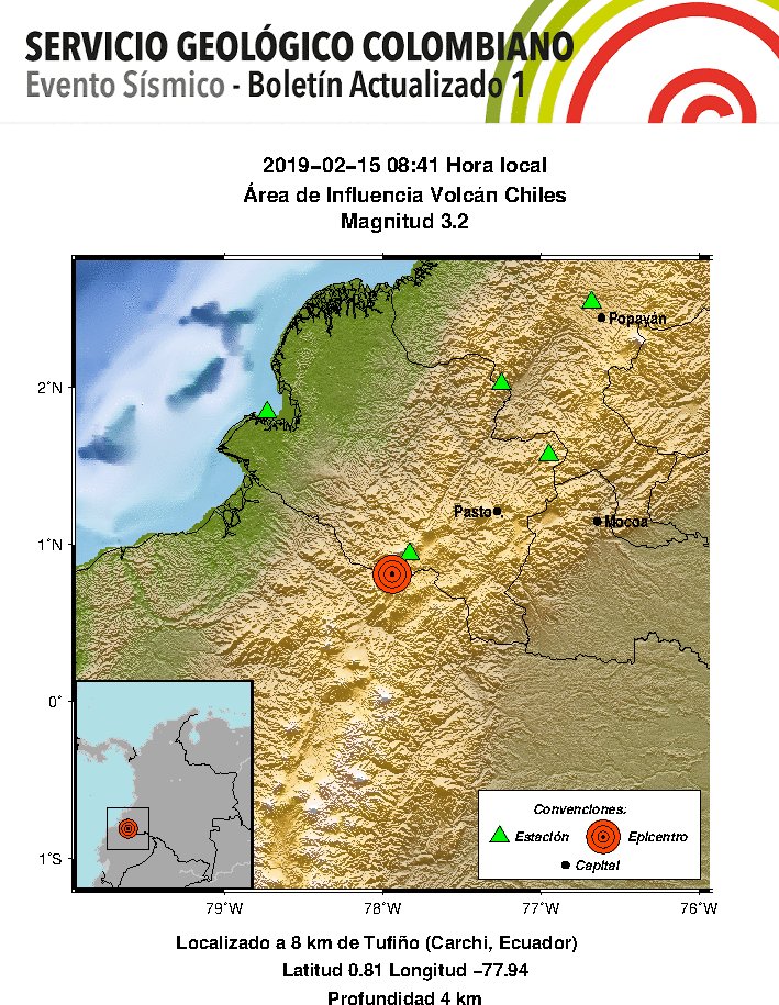 sgcol's tweet photo. #Reportamos Evento Sísmico - Boletín Actualizado 1, 2019-02-15, 08:41 hora local. Magnitud 3.2, Profundidad 4 km, Área de Influencia Volcán Chiles #NoticiaEnDesarrollo #Temblor #Sismo ¿Sintió este sismo? repórtelo: https://t.co/DDxYVHqrVy https://t.co/hfL5iMe0SQ