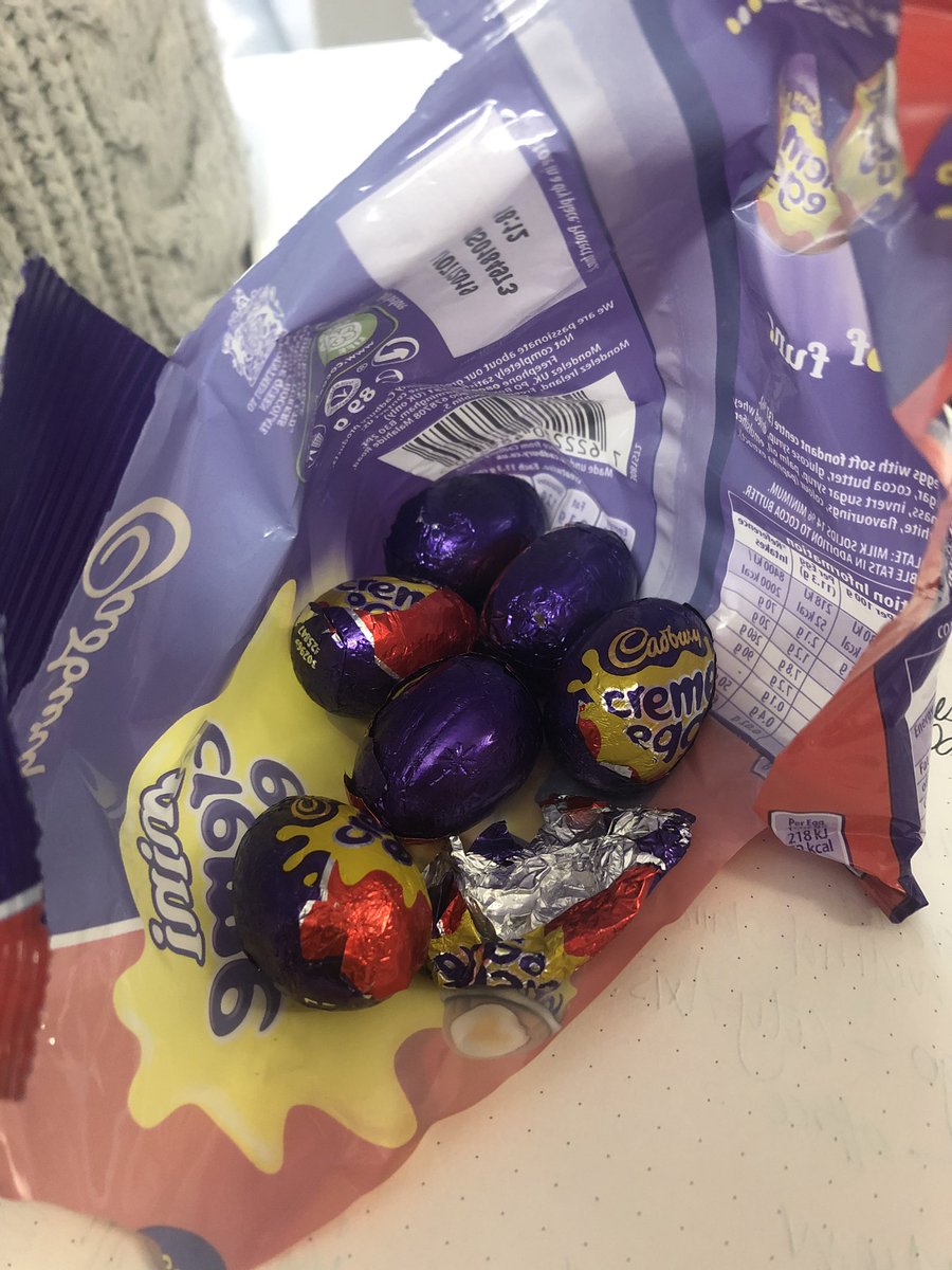 sophiwade's tweet photo. Excuse us @CadburyUK we just opened up a packet of supposedly x8 mini cream eggs, only to find we’re short of 2 eggs !! Oh but you left the foil wrappers in there for us, that’s kind. WHAT A MUG OFF. #sceneofthecrime @MariaMcAlea https://t.co/Jvx312DulF