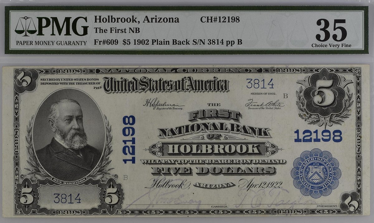 PMGnotes's tweet image. Note of the Day: Arizona (First National Bank of Holbrook) 1902 5 Dollar Plain Back.   AZ is the 48th state and last of the contiguous states to be admitted to the Union back on February 14, 1912.
#pmg #pmgnotes #papermoney #currency #banknotes #notes #arizona #holbrook #dollar