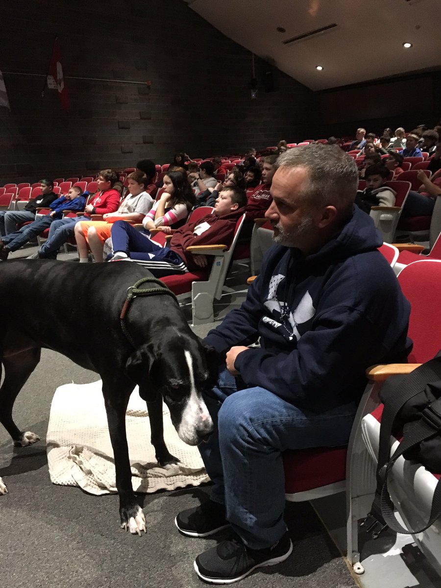 7th grade Ss watching “Megan Leavey” with BCS alumni Scott Aubin (‘83) &amp; his service dog, Dash, today. Very cool opp for all! #grit #service