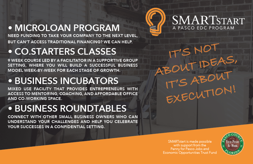 PascoEDC's tweet photo. Pasco EDC is making it easy for aspiring entrepreneurs to establish and grow a business in Pasco County! Our SMARTstart Pasco Small Business Program is an innovative suite of programs that provides the tools you need for long-term success. #FLEconDevWeek19 #PascoEconDevWeek19 https://t.co/KH9r1blLAB