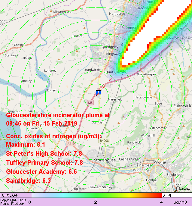 plumeplotter's tweet photo. Latest Gloucestershire incinerator plume plot, 09:46 15/02/19 #Saintbridge #ConeyHill #Hucclecote https://t.co/6Vrw8OIv6t https://t.co/P2nogHYEkP