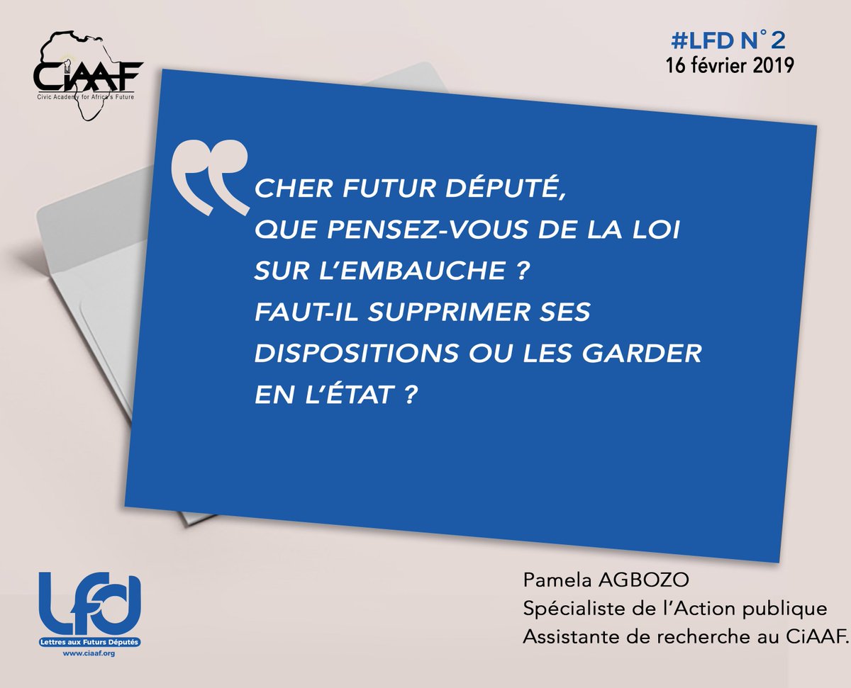 Voici la deuxième Lettre citoyenne aux futurs députés. Elle porte sur la question de l'emploi des jeunes.

✍️ Auteur de la lettre, Pamela Agbozo <a href="/PamHarie/">Pam Harie 🇧🇯</a>

👉 En savoir plus ici >> ciaaf.org/lettres-aux-fu……/emploi-des-jeunes/

#LFD #Legislatives229 #MonElu229