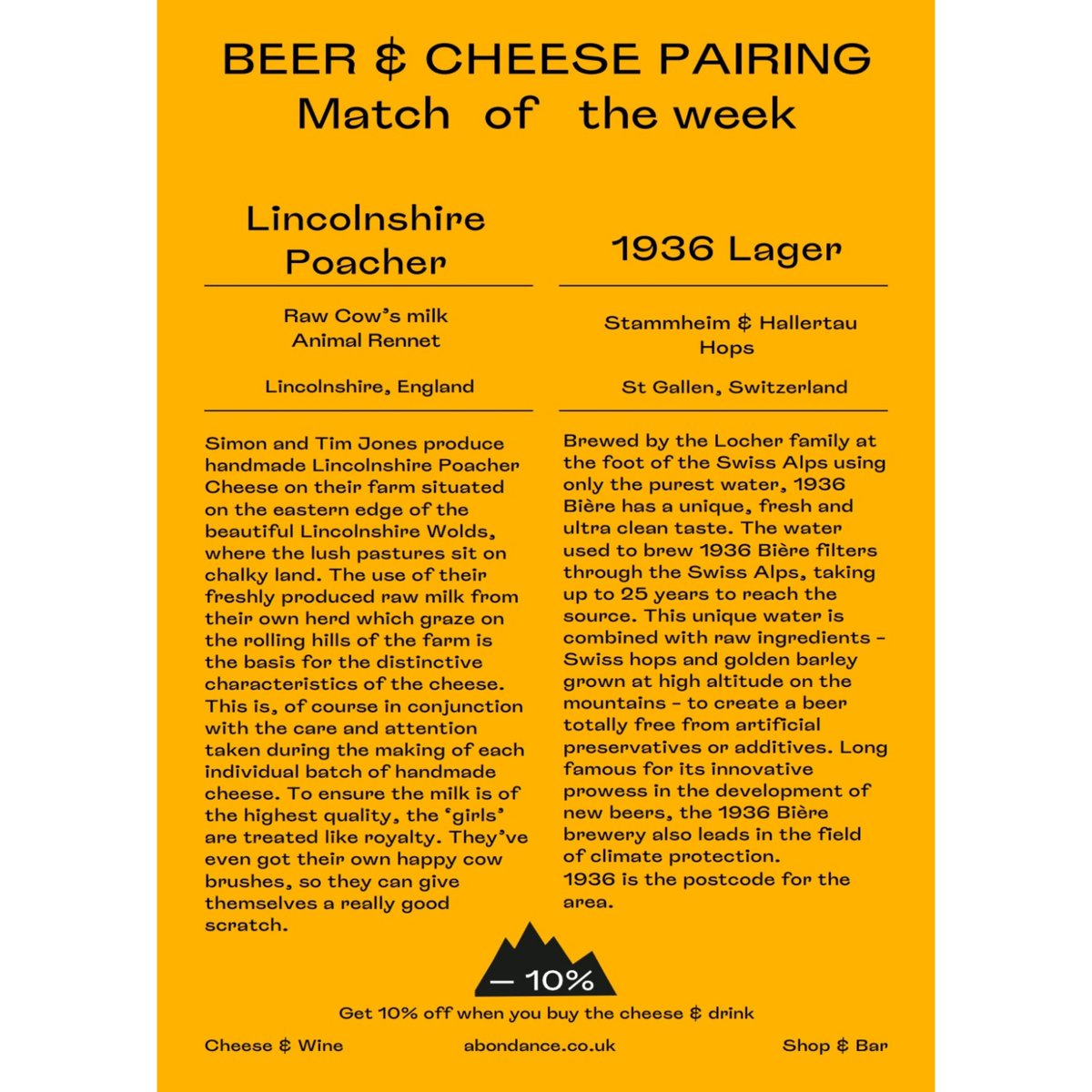 Having this beautiful weather, we decided to choose a beer instead of wine for this week's match. Today it's 1963 Biére Lager, a  clean and refreshing beer from Switzerland. We went for Lincolnshire Poacher, a hard cheddar style cow's milk cheese which expresses its zesty side
