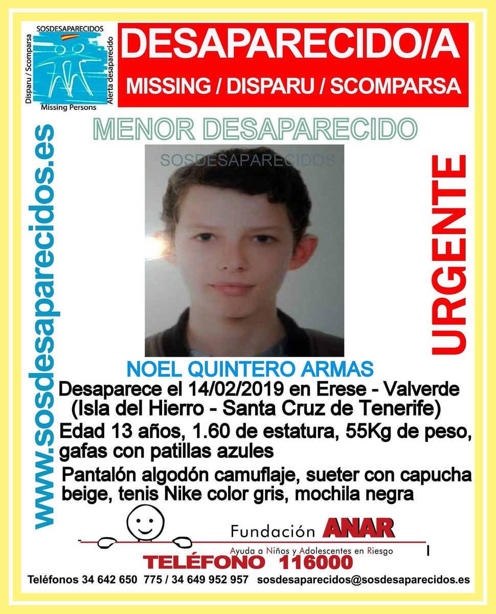 guardiacivil's tweet photo. 🆘MUYURGENTE⚠
Noel solo tiene 13 años y ha #desaparecido en #Erese - #Valverde #Hierro #SantaCruzdeTenerife.
¿Lo has visto?
 Llámanos
☎️ #062
☎️ #091
☎️ #112
Tu RT puede ayudarle. https://t.co/Nycspf0tby