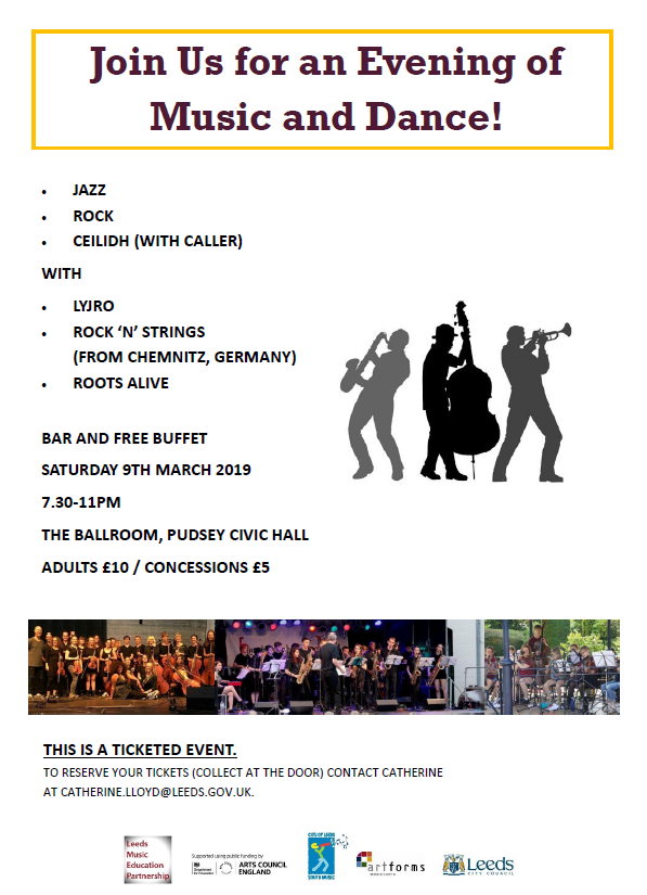 musicleeds's tweet photo. Visiting group Rock ‘n’ Strings from Chemnitz, Germany, will join LYJRO and Roots Alive for a joint concert on 9th March at Pudsey Civic Hall.

The evening will include jazz, rock, and folk music, a ceilidh (with caller), and a bar and buffet!

More info: https://t.co/4zvhpLtTjc https://t.co/iXNM6Onaiq