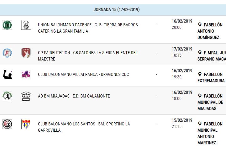 J15 2ªd. nac masc. #Balonmano agenda de partidos! 🗓️

vier 21:15 <a href="/BMLosSantos/">Club BM Los Santos</a> - <a href="/LA_UBP/">Unión Bm. Pacense</a>
sab 18:00 <a href="/ADBMMiajadas/">ADBM MIAJADAS</a> - <a href="/BmCalamonte/">E.D. Balonmano Calamonte</a>
sab 19:30 <a href="/cbmvca/">Club Balonmano Villafranca Extremadura</a> - <a href="/CdcDragones/">DRAGONES DE LOS BARRUECOS</a>
sab 20:00 <a href="/LA_UBP/">Unión Bm. Pacense</a> - <a href="/cbmtdb/">Tierra de Barros Catering La Gran Familia</a>
dom 10:15 <a href="/BMPaideu/">Bm Paideuterion Cc</a> - <a href="/CBmLaFuente/">Balonmano La Fuente</a>
