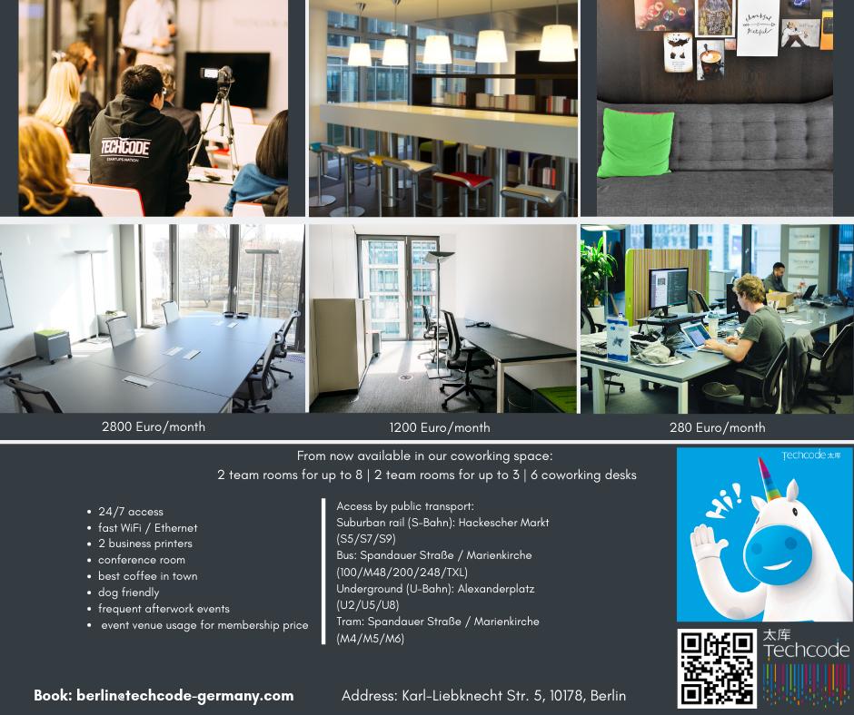 TechCode_Berlin's tweet image. Spread the word: team rooms and co-working desks in our co-working space available!
#techcode #berlin #coworking #mitte #connect #cowork #create