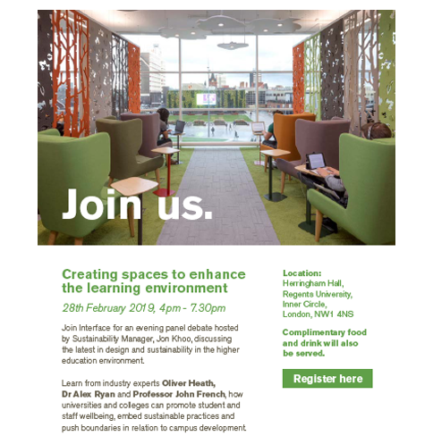 demagazine's tweet photo. Enhancing the Learning Environment-Thursday, 28 Feb https://t.co/WIJbi47W7k Join #Interface for an evening panel debate hosted by #Sustainability Manager #JonKhoo, discussing the latest in #design and #sustainability in the #HigherEducation #environment #wellness #health #design https://t.co/EvGixLun7I