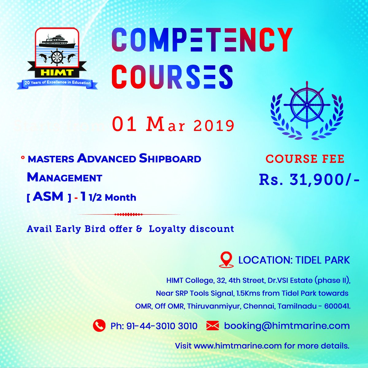 himt_marine's tweet image. Competency Courses - MASTERS ADVANCED SHIPBOARD MANAGEMENT [ASM]
Starts from 01 Mar 2019
Book Now. Visit zurl.co/aDhY for more details.
#himtcollege #competencycourse #merchantnavy #sailing #maritimetraining #seafarer #shipping #seamanslife #coc #marineengineer