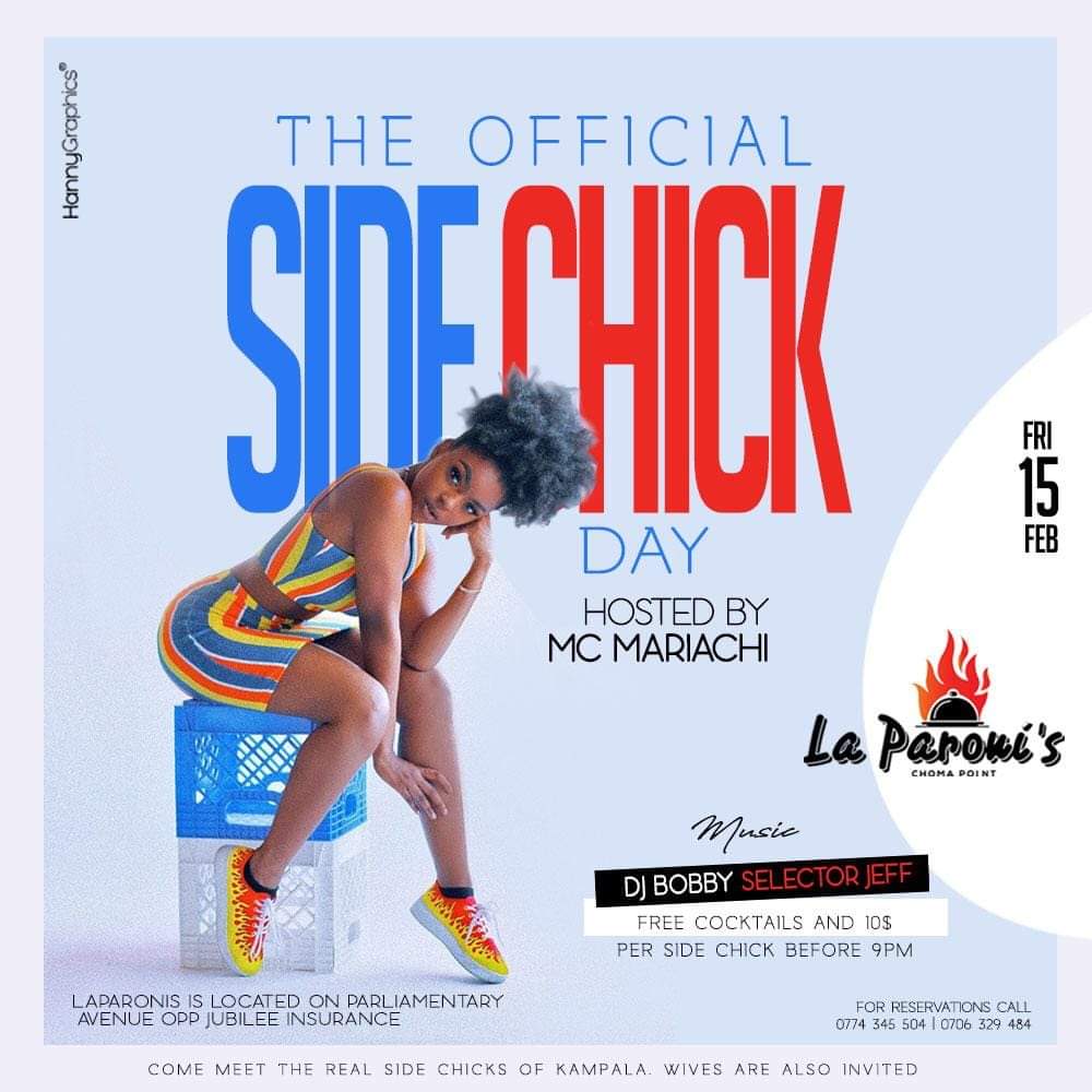 PamelaBeddings's tweet image. Side chicks today is your day 😍😍
The Official #SideChicksDay is happening tonight @Laparonis_UG 

Those who will be there before 9pm will be given free cocktails and 10USD 🔥 
Don't forget that Wives are also invited.