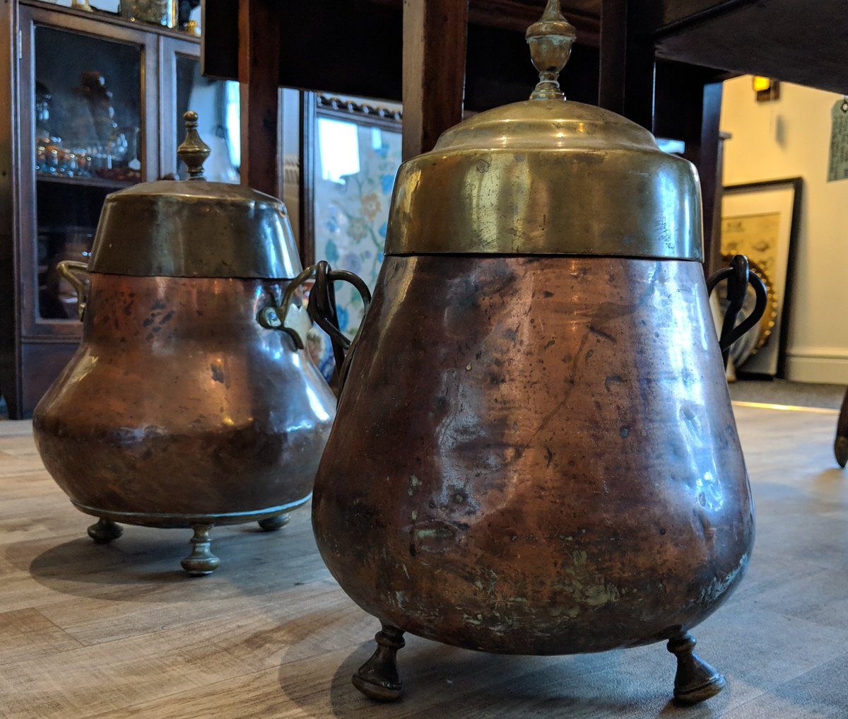 Two large #antique #dutch Doofpots,  Ash Buckets - room warmers, #Victorian  attractive pot bellied shape, new in #freshstock available today #antiques #antiquesshop #homestyle #vintagestyle #homedesign #coalfire #blyton #theoldgrainstore #gainsborough