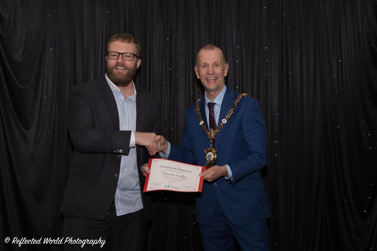 NorthantsTM's tweet photo. Next set of pictures from our Annual Celebration: Kirsty, Josh (on behalf of William), Paul (on behalf of Lauren) and Shaun receive their awards from the Mayor of @KetteringBC https://t.co/Rapr61Df4z