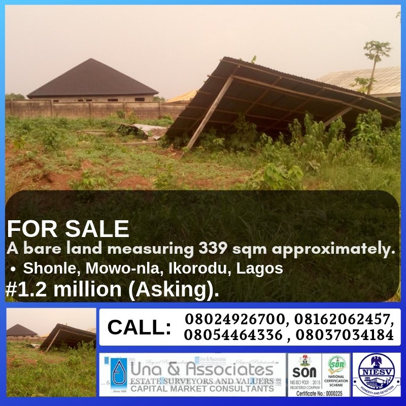 Una_Associates's tweet photo. FOR SALE
A bare land measuring 339 square meters approximately located at Shonle, Mowo-nla, Ikorodu, Lagos.
#1.2 million 

#Bareland #land #property #shonle #Mowonla #ikorodu #lagos #nigeria #sales #realestatedevelopment #propertymanagement #auction https://t.co/2dpdKBmYIk