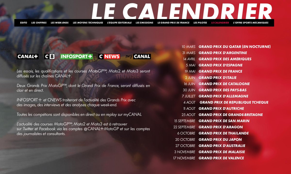 #MotoGPCanal
📆 Les essais, les qualifications et les courses <a href="/MotoGP/">MotoGP™🏁</a>, Moto2 et Moto3 seront diffusés sur les chaînes <a href="/canalplus/">CANAL+</a>. 📺

Deux Grands Prix <a href="/MotoGP/">MotoGP™🏁</a>, dont le Grand Prix de France, seront diffusés en clair et en direct. 🇫🇷