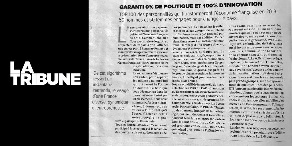 Ils sont fous chez <a href="/LaTribune/">La Tribune</a> ! 

La Tribune a sélectionné 'les 100 personnalités influentes qui transformeront l'économie française en 2019'.

Un très grand merci à vous, journalistes et dirigeants de La Tribune, de m'avoir donnée une place dans ce magnifique palmarès.