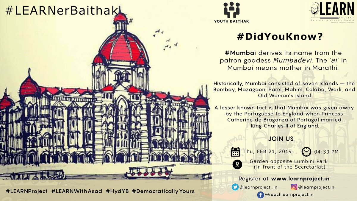learnproject_in's tweet photo. Have you heard others still call it Bombay? Do you still call it Bombay? Ever wondered how Mumbai came about to exist?
Come let’s deliberate together on 21 Feb for a #LEARNerBaithak | Should we change names of cities?
#LEARNProject #LearnWithAsad #HydYB #DemocraticallyYours https://t.co/FjrCdQTI6F
