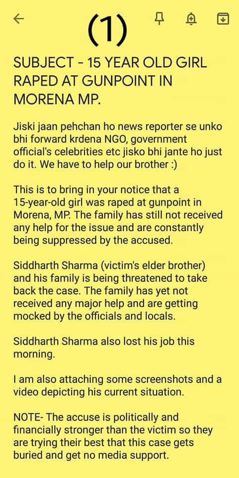 Manas92234818's tweet photo. This is regarding the hideous act of gang rape with the poor 15 yr old girl child in Morena,MP.Such acts are despicable and the culprits should atleast suffer a lifetime imprisonment if not death penalty.The culprits' should be punished asap without anymore delay.
#SaveMySister https://t.co/8AOIqjgET0