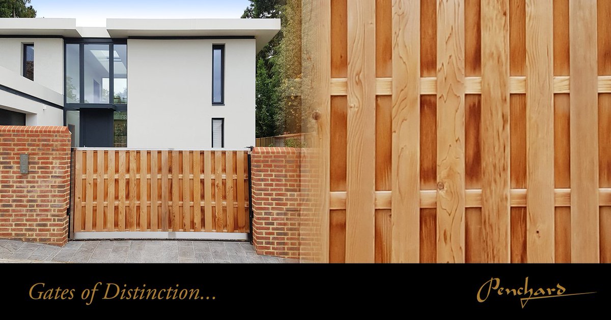 A unique &amp; contemporary <a href="/PenchardUK/">Penchard UK</a> gate design made from Cedar hit &amp; miss boards, with stainless steel frame. #contemporary #cedar #slidinggate #gateframe