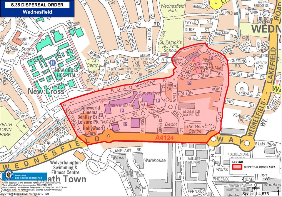 WednesfieldWMP's tweet image. Wednesfield has in place a S.35 dispersal order (Friday 2pm until Sunday 3am) This order grants police extra powers to deal with individuals &amp;amp; groups causing and likely to cause anti-social behaviour, crime or disorder in High Street, Bentley Bridge &amp;amp; surrounding areas. See map