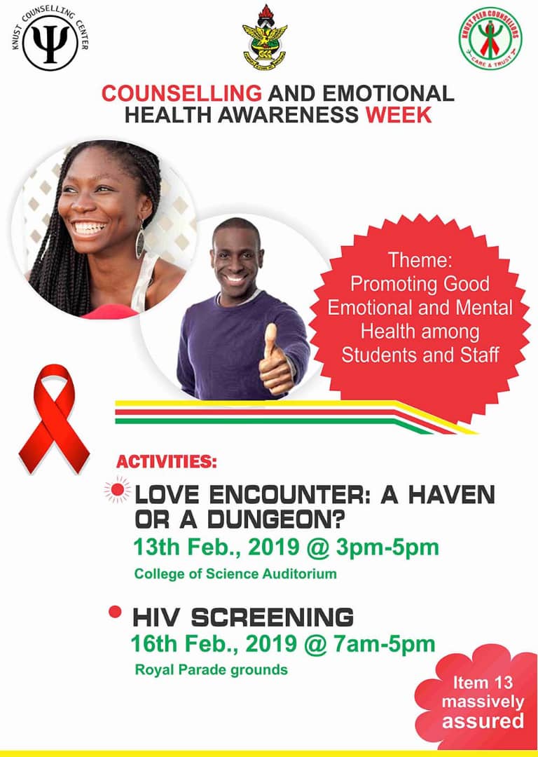 Know your #HIVStatus campaign continues tomorrow with the KNUST Counselling Center. Come meet @YAMghana KNUST branch as we talk about #HIV and #SRHR among #youngpeople . 
@Adhd_Ghana
@PPAGGhana
#byYoungpeopleWithyoungpeople4youngpeople
#LeaveNoOneBehind
#ForTheGoodOfGhana