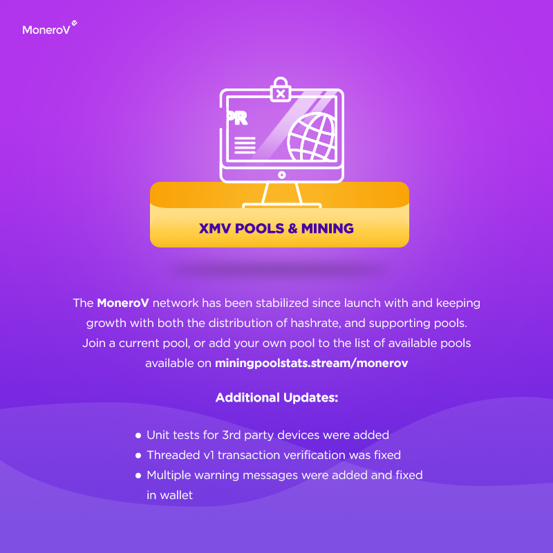 MoneroV News: Addition of 3rd party devices, fixed threaded v1 transaction verification, and fixed multiple warning messages. There is also notable growth in both distribution hashrate and supporting pools. #moneroV <a href="/monero_v/">MoneroV</a>
