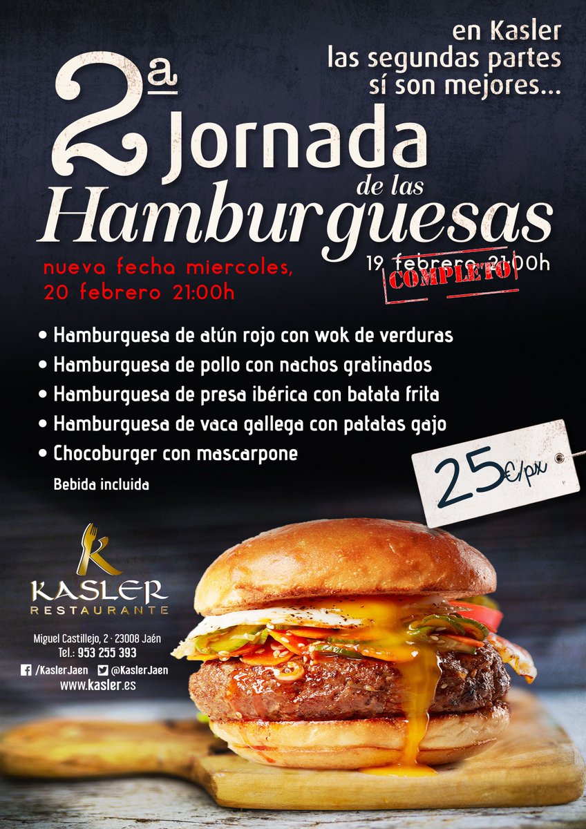 🍔🍔📢📢VUELVEN LAS HAMBURGUESAS #KASLER‼️‼️

📅Nueva fecha: miércoles 2️⃣0️⃣ de febrero. 🕘21.00 h.

(martes 19 ya completo. Sorry! 😅😅)

💶💶25 € con bebidas incluidas

📞953255393

¡Feliz fin de semana! 

#KaslerMásQcatas
#Kaslersecomparte