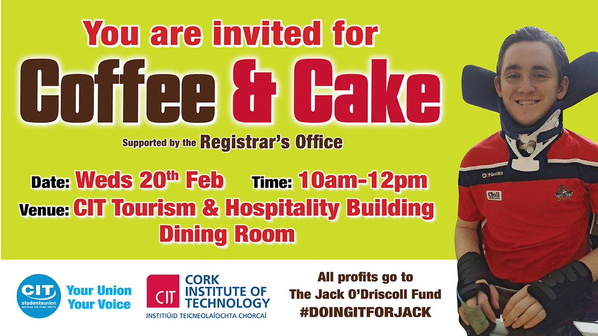 MTU_CorkSU's tweet photo. Another great event for the Jack O'Driscoll Fund is planned for Wed 20th Feb. Students, staff &amp; local residents all welcome. The event is supported by the Registrars Office &amp; the fantastic staff &amp; students of @TourismHospDept  Please RT @CIT_ie @OrlaFlynnCIT @noelgmurray https://t.co/A08mlOw2cd