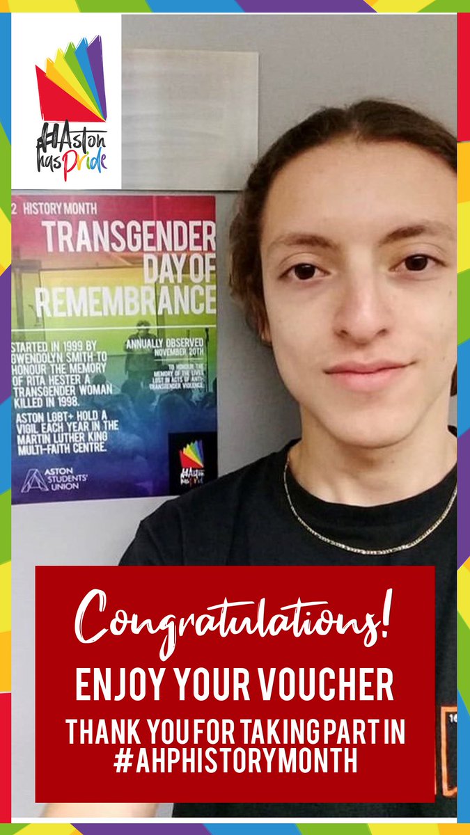Our first winner of the £10 Bullring Voucher! 🎉🎉🎉🎉

Do you want to get a voucher? Follow these easy steps! 

🏳️‍🌈 Find 1 of the 12 #AstonHasPride posters in the Library
🏳️‍🌈 Take a picture with it 📸
🏳️‍🌈 Post it on Instagram using #AHPhistorymonth 

CHANCE TO WIN EVERY WEEK! 🥳