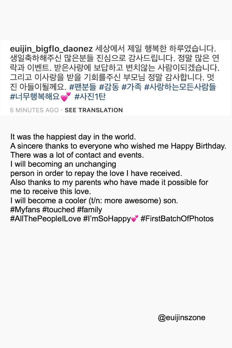 euijinszone's tweet photo. [INSTA][TRANS] 190215 Euijin Birthday Instagram Post 🎂 @BigFlo_official @official_UN_B https://t.co/MU4G1pntN3