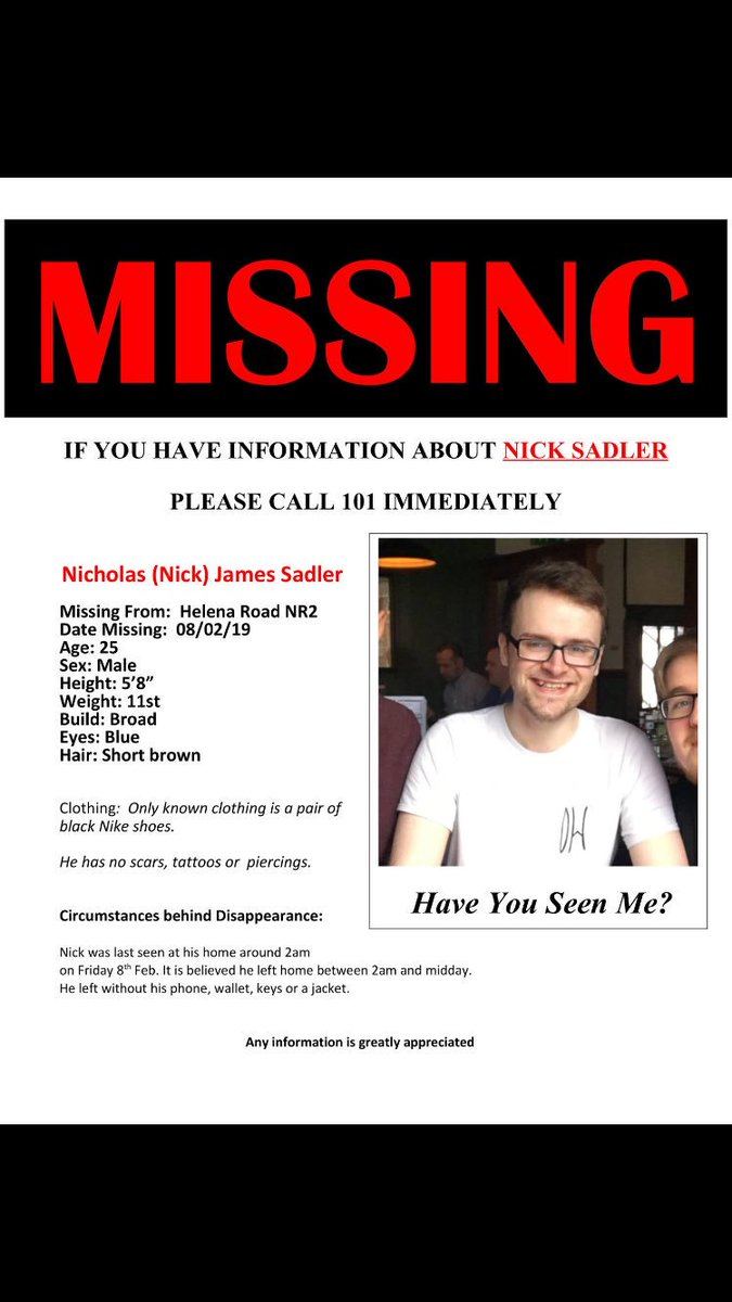 Anyone who is in Norwich/Eaat Anglia area, can you please RT. Missing since last Friday...

Actually doesn't mater where you are any RT might just be the one that helps..

#HelpFindNick