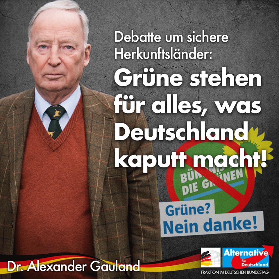 AfDimBundestag's tweet photo. Alexander #Gauland:
Mit ihrer Blockade- &amp;un Zersetzungspolitik schaden die Grünen unserer Gesellschaft, indem sie die Auflösung Deutschlands immer weiter vorantreiben.«
#AfD #Bundestag #Herkunftsstaaten #Bundesrat #Marokko #Herkunftsländer
➡️ https://t.co/AnzdV0lbqh https://t.co/NJUVViok1a