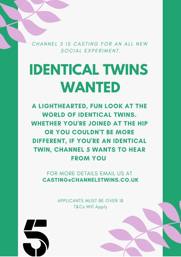 Castingtvuk (@castingtvuk) on Twitter photo Hi <a href="/TwinsUKres/">TwinsUK research</a> Channel 5 is looking for identical twins for a new TV show! If you could please share/RT on your page/wall that would be amazing! Please email: casting@channel5twins.co,uk for more info! Thank you :) x Hi <a href="/TwinsUKres/">TwinsUK research</a> Channel 5 is looking for identical twins for a new TV show! If you could please share/RT on your page/wall that would be amazing! Please email: casting@channel5twins.co,uk for more info! Thank you :) x