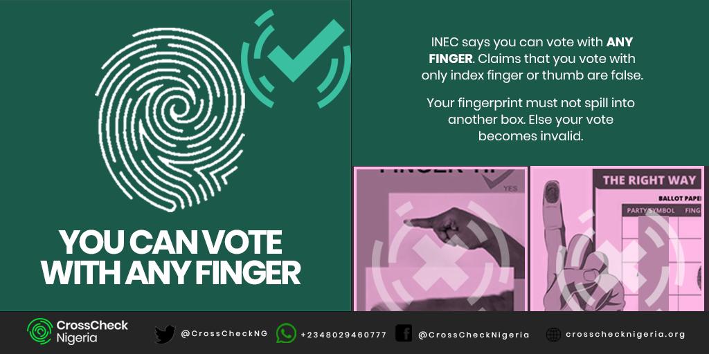 crosscheckNG's tweet photo. Vote with your finger of choice!

You can vote with any finger, as long as the print does not stray into another box.

https://t.co/ggOiDlzpJO

#NigeriaDecides2019 https://t.co/iGCZvnGXUF