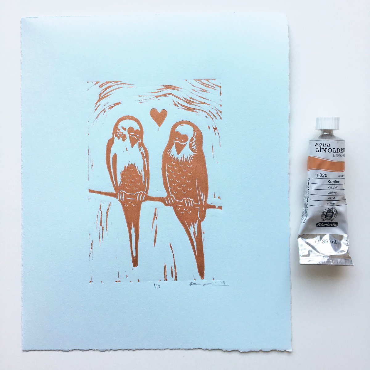 This is how the copper budgies on light blue paper turned out. I’m loving this color combo 😍