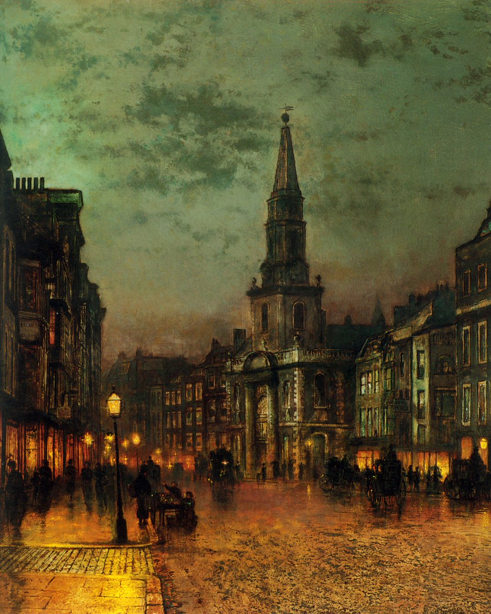 #HistoryofPainting John Atkinson Grimshaw (6 Sep 1836→ Leeds ←13 Oct 1893) was an English Victorian-era artist who has been called a 'remarkable and imaginative painter' best known for his nocturnal scenes of urban landscapes. #TheFreeExhibition Blackman Street, London - 1885