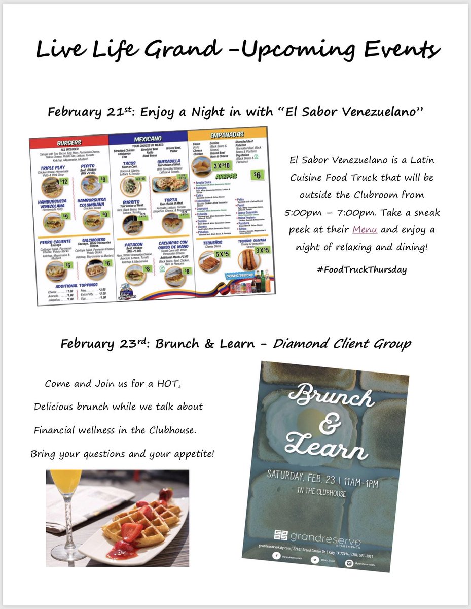 katy_grand's tweet photo. Check out our upcoming Resident Events! We love our Residents!
#LiveLifeGrand #KatyApartmentLiving #HAA #Katy #GrandReserve #DiamondClientGroup #ZRS #ElSaborVenezuelano #FoodTruckThursday #Brunch #ImMakingWaffles #Learning #FinancialAwareness https://t.co/KVuVLQ8CTP