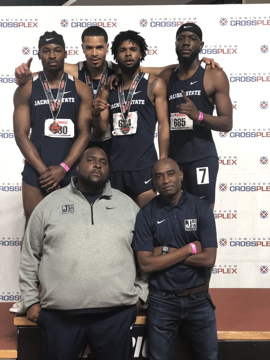 GoJSUTigersXCTF's tweet photo. Azariah Foster is the new 2019 SWAC Indoor Champion, Christian Jones finished in 2nd place, Joshua Hilliard finished in 3rd place and Loftin Keys finished in 4th place. Head Coach Mark Throne and Assistant Coach Jonathan Harris are pictures as well #JSUTF #JSUAthletics https://t.co/oSaCgDFx2J