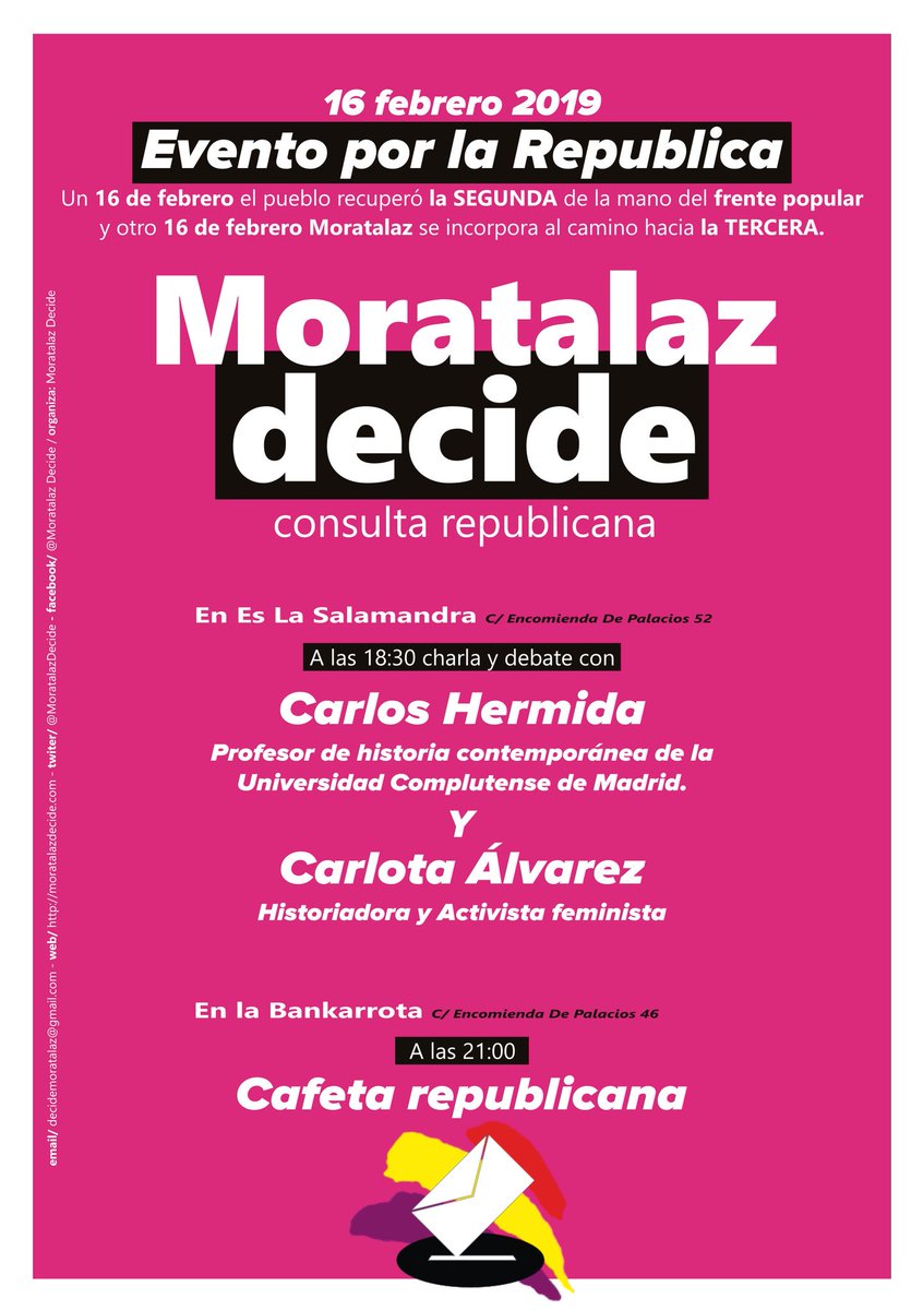 MoratalazDecide's tweet photo. Llegó el día!! 
Mañana sábado comenzamos con los primeros actos en pro de la consulta republicana del próximo 30 de marzo.
📍18:30 horas charla-debate con dos grandes ponentes en @La_Salamandra_
📍21:00 cafeta republicana con cena y música en @LaBankarrota
#MoratalazDecide ♥️💛💜 https://t.co/cuT42zUevX