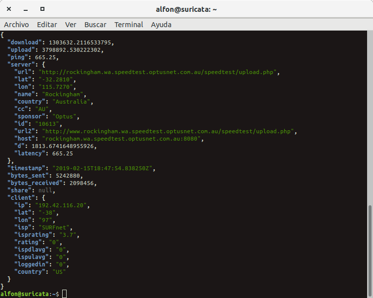 seguridadyredes's tweet photo. #speedtestCli

#speedtest-cli --secure --json --bytes | jq . https://t.co/KlumJ63cR2
