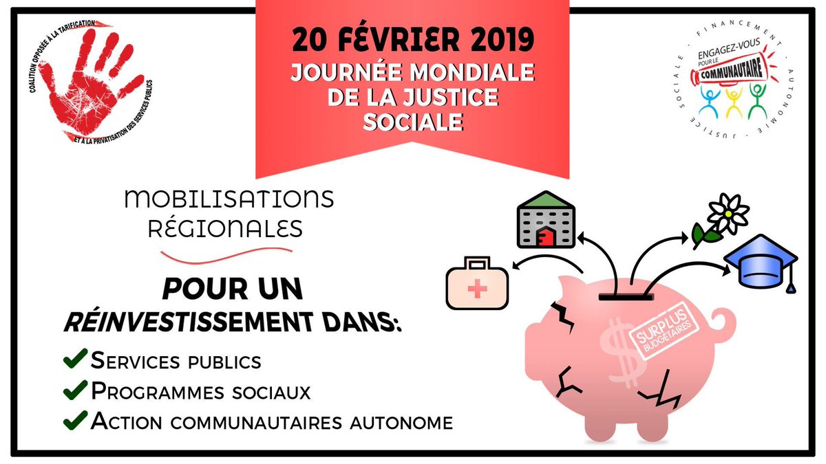 NonAuxHausses's tweet photo. Les groupes sociaux réclament un budget pour la justice sociale. Des mobilisations sont prévues dans toutes les régions du Québec à l’occasion de la journée mondiale #JusticeSociale le 20 février. Communiqué conjoint avec @Engagezvousaca ➡️ https://t.co/UJapGmMiYK #polqc https://t.co/mhC0xLKlpJ