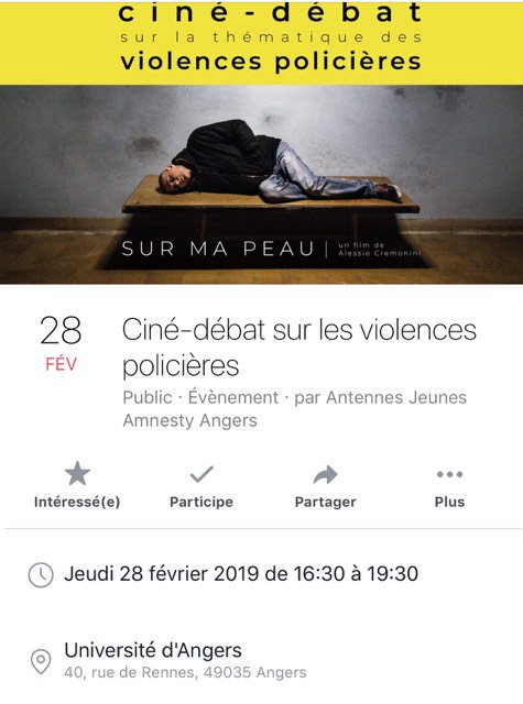 C'est le rendez-vous à ne pas manquer !! Le 28 février 2019 - 16h30 à l'université d'Angers <a href="/AmnestyAngers/">Amnesty Angers</a> <a href="/amnestyfrance/">amnestyfrance</a> ! #ViolencesPolicières #controledidentite