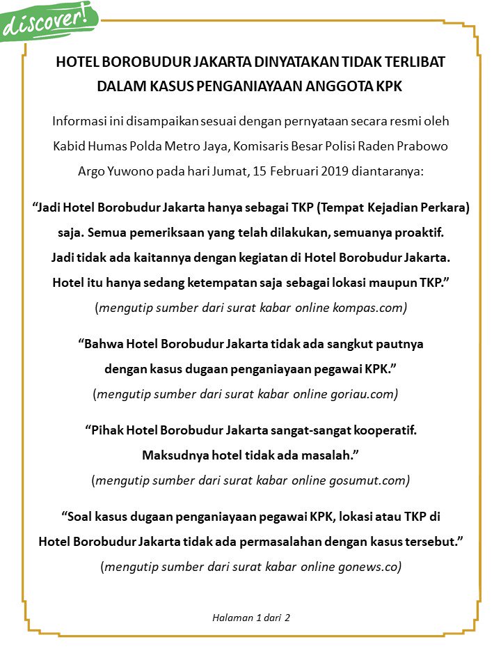 htlborobudurjkt's tweet photo. Siaran Pers Resmi terkait kasus dugaan tindakan kekerasan yang terjadi di Hotel Borobudur Jakarta (Official Press Release in conjunction with alleged acts of violence at Hotel Borobudur Jakarta) #HotelBorobudurJakarta #DiscoveryHotelResorts #ResortinTheCity #ArthaGrahaPeduli https://t.co/nd56TEESf5