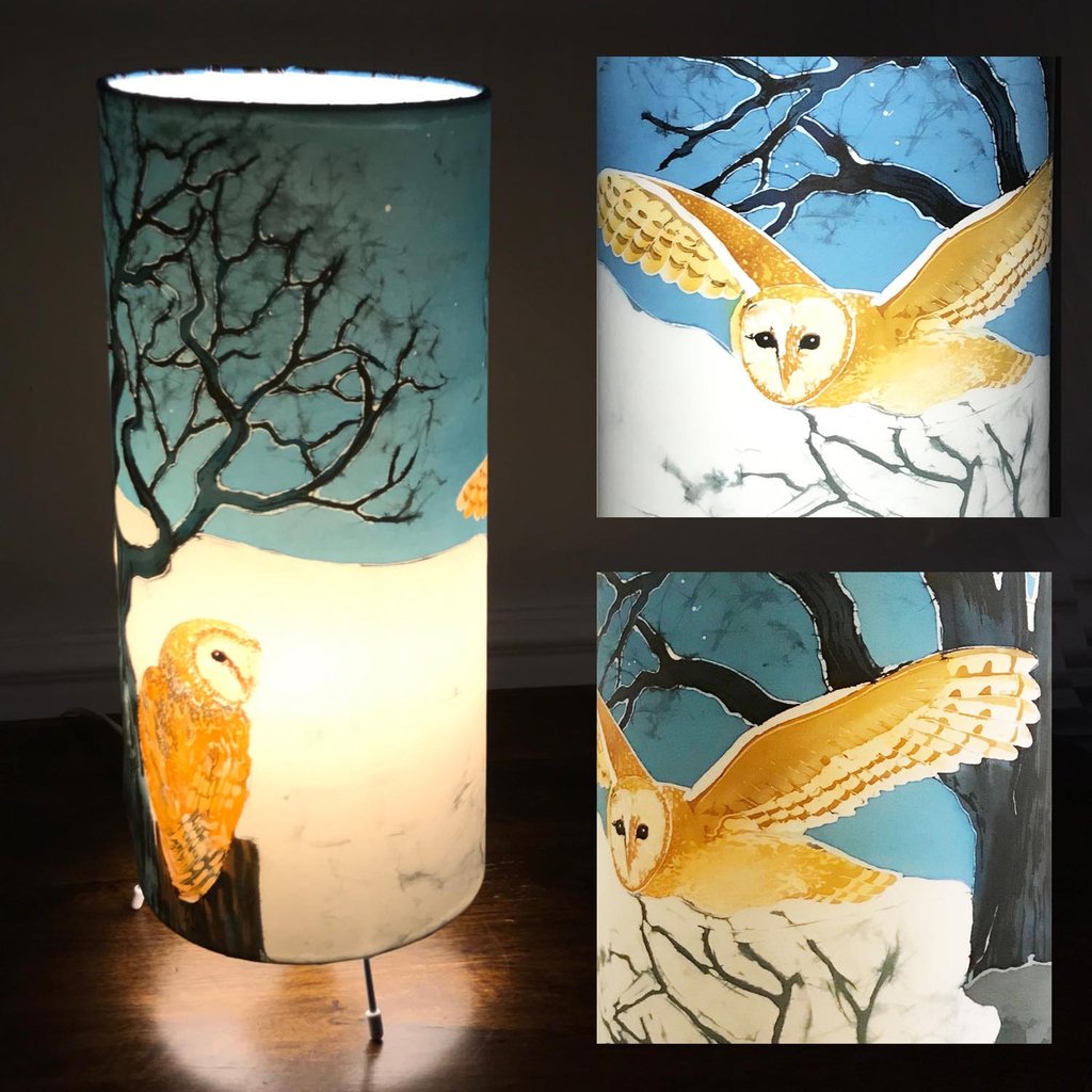 king_therese's tweet photo. Some of my batik painting designs have been transferred to other products. This elegant cylindrical table lamp holds one of my favourite images of Barn owls. Perfect for a bedside table, for a wildlife lover and Harry Potter fan! #owlart #owldecor https://t.co/MBvlbE1Jtt