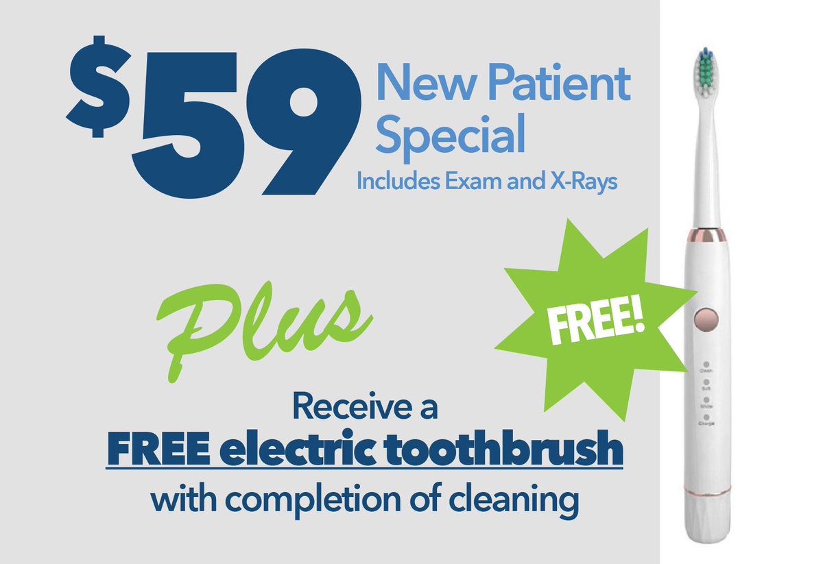 🚨 NEW PATIENTS 🚨 /// Come in for our $59 New Patient Special! You'll also receive a FREE electric toothbrush upon getting a cleaning!