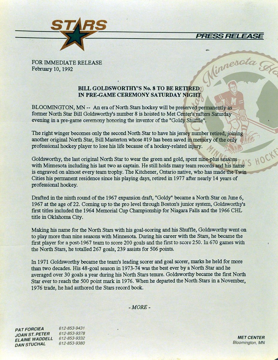 VintageMNHockey's tweet photo. 27 years ago today, in 1992, as part of 25th Anniversary Celebration, the North Stars retired Bill Goldsworthy's iconic uniform #8 in a pre-game ceremony before a North Stars 5-2 win vs Pittsburgh Penguins at Met Center https://t.co/vIE4RdGWAo