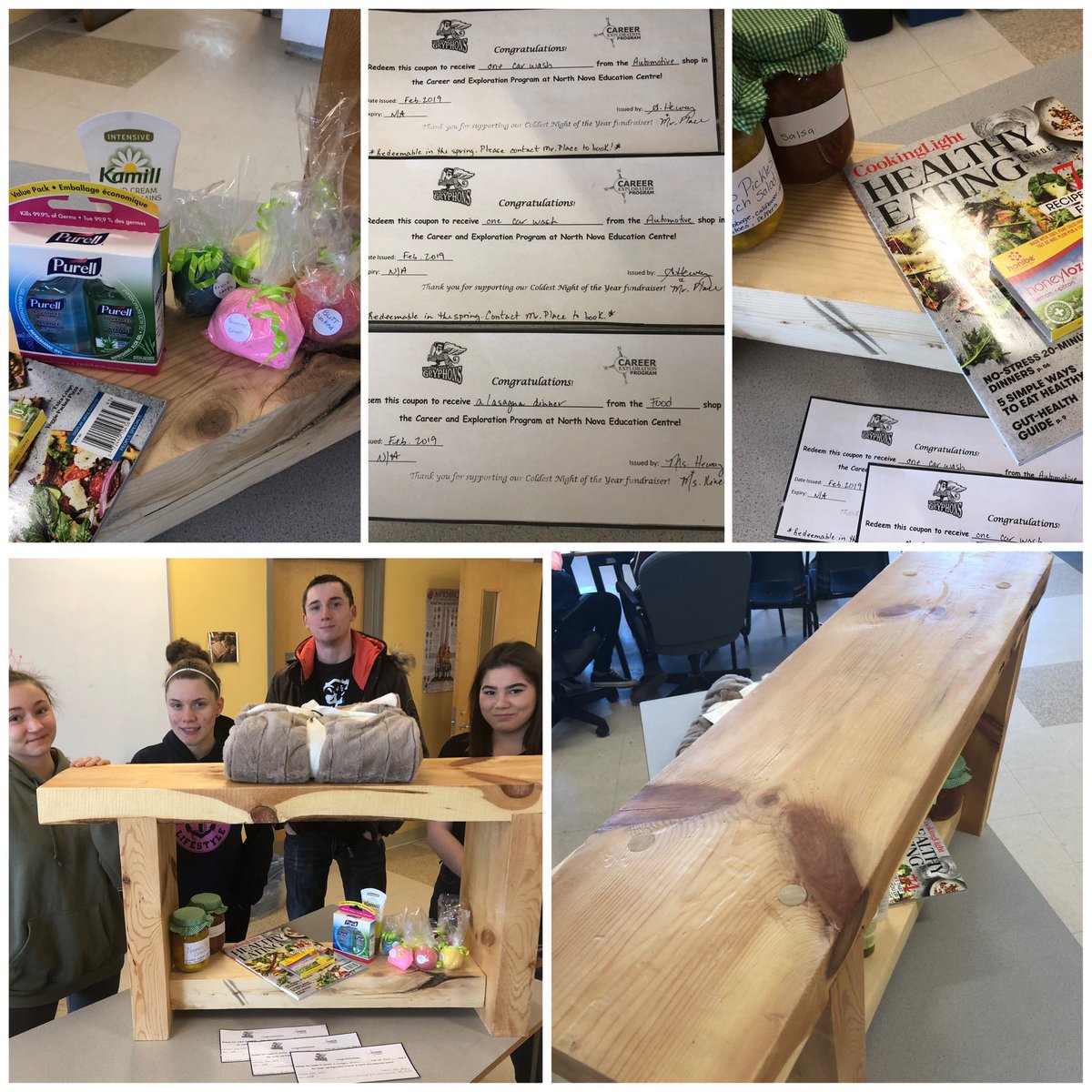 MsAHewey's tweet photo. Tickets on this amazing prize package from the NNEC CEP shops will be sold at lunchtime through Wednesday. (Or by contacting NNEC!) #ColdestNightoftheYear fundraiser #CNOY19 
(2 car washes, Lasagna Dinner, Wooden Brench &amp; Self-care items)
 *$1.00 each or 3/$2.00*  @gryphzone https://t.co/3QuHUd9NDE