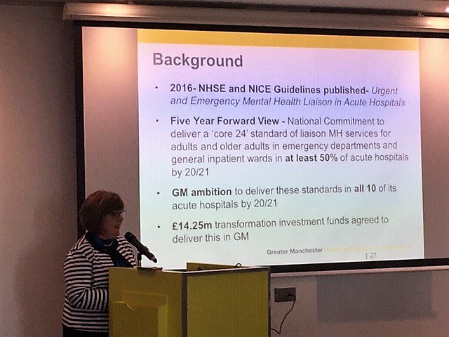 GMMH_NHS's tweet photo. Fantastic to hear from Mary Lee, our Associate Director of Development and Performance &amp; Dr Ross Overshott talking about the Greater Manchester Liaison Mental Health programme at today’s GM network event #GMMHN https://t.co/rKKZnxseWS